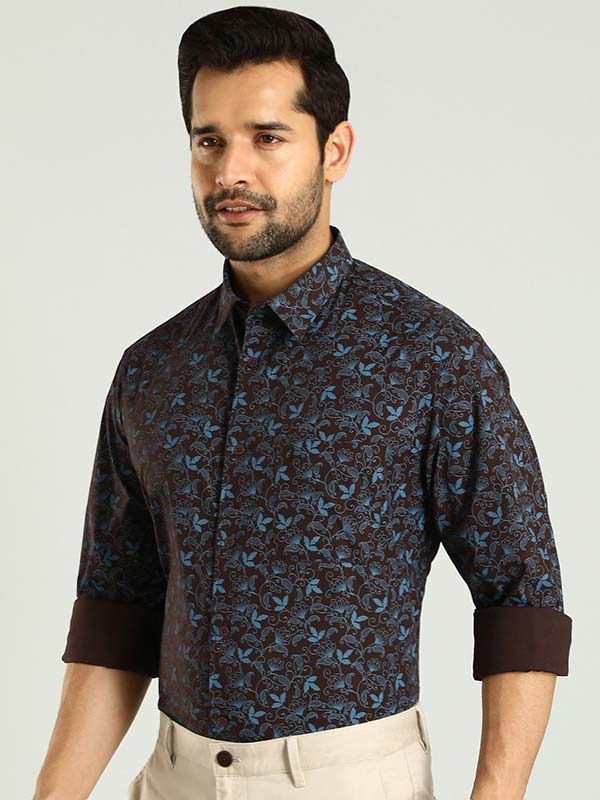 Indian Terrain Men's Regular Fit Full Sleeve Floral Print Dark Brown Shirt